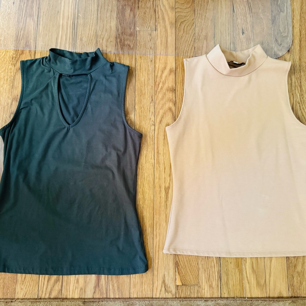 Green and Cream Mock Neck Tank Tops
